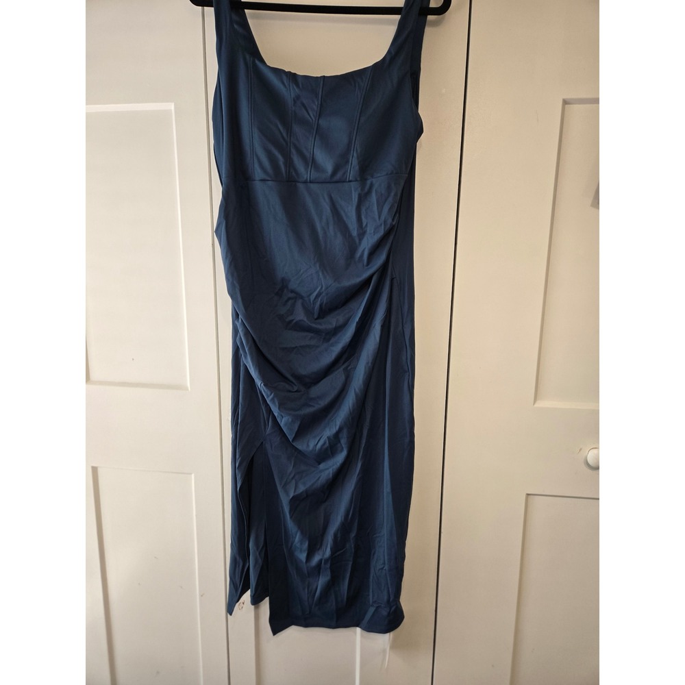 Halara SoftlyZero Airy Navy Blue Ruched Square Neck Midi Dress Side Slit NWT XL